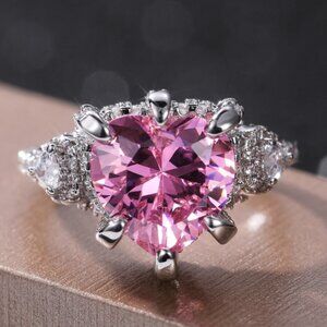 ▶Pink Heart CZ Anillos Shiny Diamonds Silver Plated Heart Ring for Women, L117